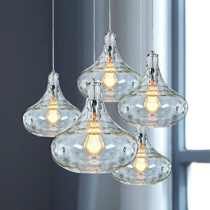 Farmhouse Vintage Glass Pendant Light with Handblown Hammered Shade - Adjustable Hanging Cord for Kitchen Island, Dining Room, Hallway - 11 Inch Chrome Ceiling Fixture