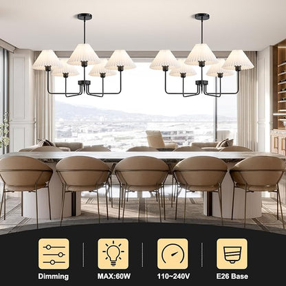 Farmhouse Chandelier, 5-Light Modern Chandelier with White Pleated Fabric Shades, Black Dining Room Light Fixture Chandelier for Dining Room Bedroom Hallway Kitchen Island, Height Adjustable