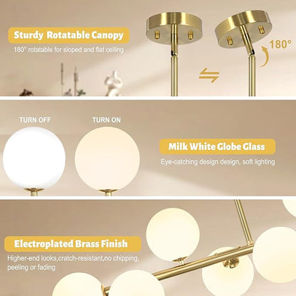 Mid Century Linear Chandeliers for Dining Room, 8-Light Modern Sputnik Chandeliers 37" Gold Chandelier Dining Room Light Fixture White Glass Globe Chandelier Island Lights, Electroplated Brass