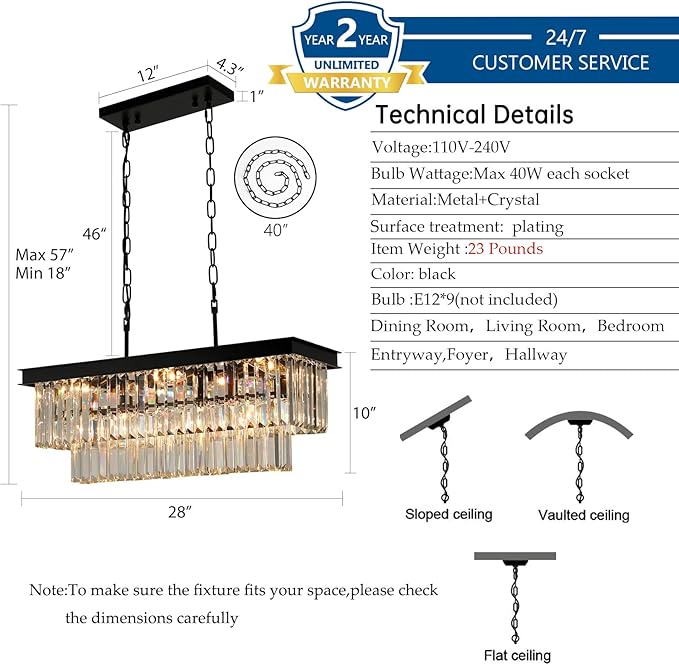 Weesalife Black Crystal Chandeliers for Dining Room Light Fixtures Over Table，9-Lights Modern Rectangle Chandeliers for Kitchen Island Bar L28 Inch