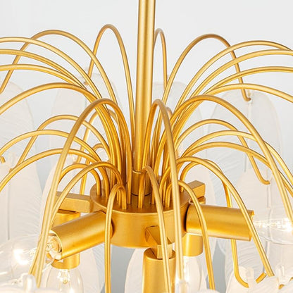 LumFurn 6-Light Gold Chandeliers, Modern 3-Tier Pendant Light Fixture for Dining Room, Living Room, Adjustable Height 19~51", Frosted Feather-Shaped Glass Shade & Brass Finish Frame