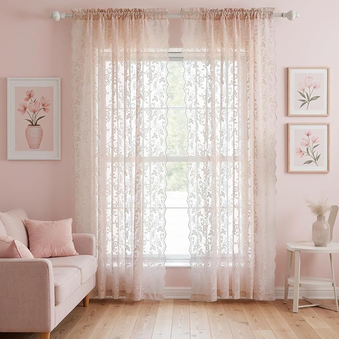 FINECITY Sheer Lace Curtains 72 Inch Length - Country Branch Floral Embroidered Lace Sheer Curtains 2 Panels Set, Privacy Sheer Vintage Scalloped Lace Window Curtains, 52 x 72 Inch, Blush Pink