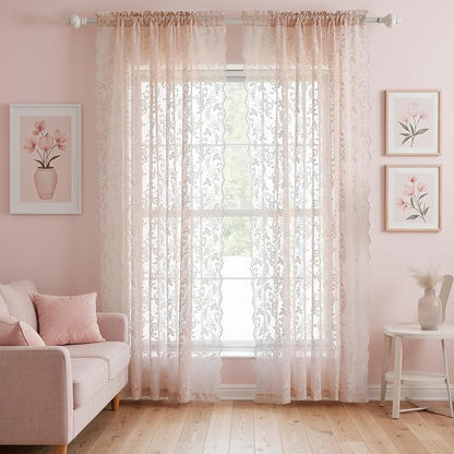 FINECITY Sheer Lace Curtains 72 Inch Length - Country Branch Floral Embroidered Lace Sheer Curtains 2 Panels Set, Privacy Sheer Vintage Scalloped Lace Window Curtains, 52 x 72 Inch, Blush Pink