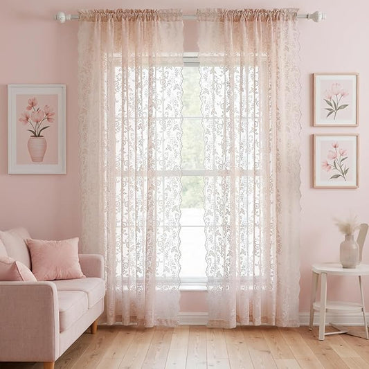FINECITY Sheer Lace Curtains 72 Inch Length - Country Branch Floral Embroidered Lace Sheer Curtains 2 Panels Set, Privacy Sheer Vintage Scalloped Lace Window Curtains, 52 x 72 Inch, Blush Pink