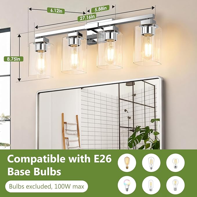 BesLowe 4-Light Bathroom Light Fixtures, Modern Chrome Bathroom Vanity Light, Bathroom Lighting Fixtures Over Mirror, Matte Chrome Bathrom Wall Lamp, Wall Lights for Living Room Bedroom Hallway