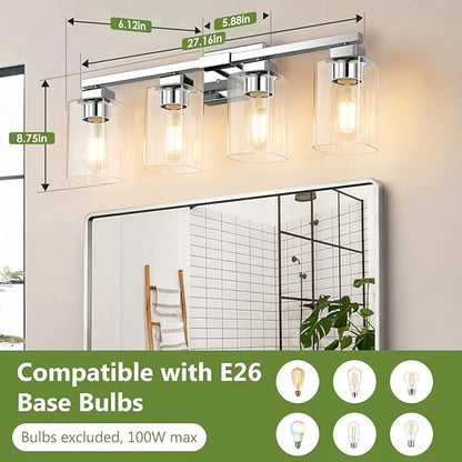 BesLowe 4-Light Bathroom Light Fixtures, Modern Chrome Bathroom Vanity Light, Bathroom Lighting Fixtures Over Mirror, Matte Chrome Bathrom Wall Lamp, Wall Lights for Living Room Bedroom Hallway