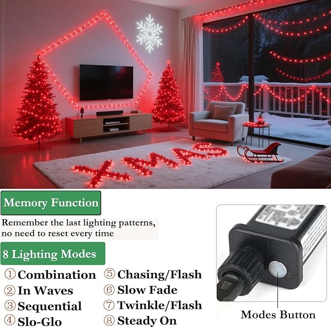 Tcamp 306FT 1000 LED Red Christmas Lights, 8 Modes Christmas Tree Lights with Timer Memory Function, Green Wire Starry Fairy String Light for Xmas Tree Outdoor Indoor Decor