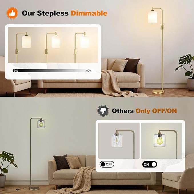 【Upgraded】Dimmable Floor Lamps for Living Room with Frosted White Glass Shade, Modern Industrial Floor Lamp with 900LM Bulb Included, Standing Tall Lamp for Bedroom, Office, Reading Room, Corner, Gold