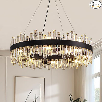 Siljoy Modern Crystal Chandelier 16-Light Farmhouse Black Round Crystal Raindrop Chandelier Industrial Dimmable Crystal Pendant Ceiling Light Fixture for Dining Living Room Entryway Foyer D31.5''