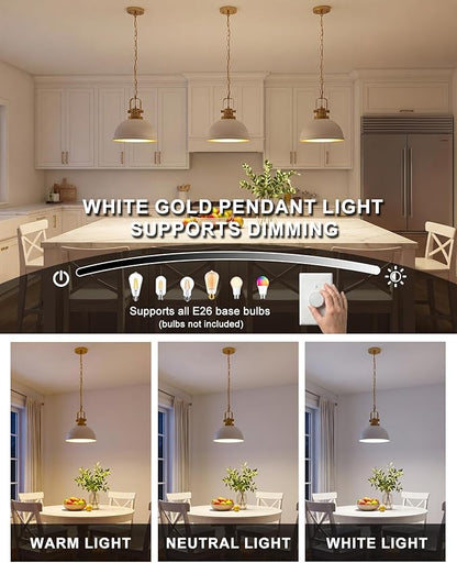 White and Gold Pendant Lights, 11.8" Modern Dome Pendant Light Fixtures with Adjustable Chain Hanging Lighting for Kitchen Island Dining Room Restaurant Bedroom Foyer Entrance Sink