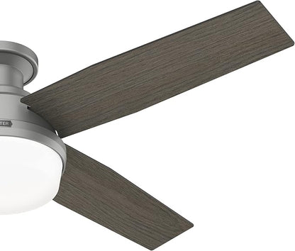 Hunter 52 inch Indoor Ceiling Fan with LED Light and Remote Control - Modern Ceiling Fan, Low Profile Mount, 4 Blades, For Bedroom, Living Room, or Kitchen, Quiet - Dempsey 51736, Matte Silver