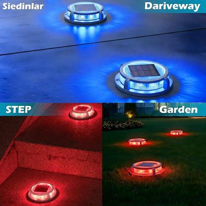 SIEDiNLAR Solar Deck Lights Outdoor 2 Modes 16 LEDs Dock Light Driveway Markers Solar Powered Waterproof for Ground Pathway Step Walkway Stair Garden Yard Road 16 Pack (Blue/Red)