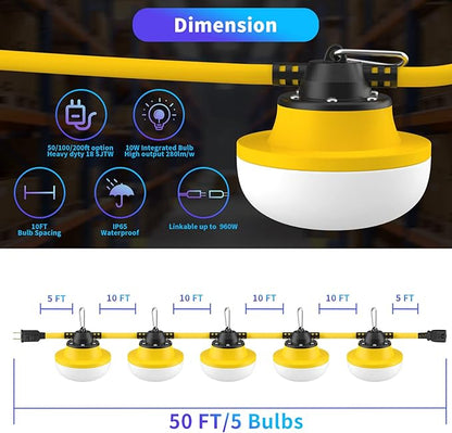 New 200FT Construction String Lights LED Industrial Grade Best for Construction Sites,Renovation, Walkways,Patio,Mine cave,Outdoor Lighting Solutions Use,Free for Climbing Hook 2Prong