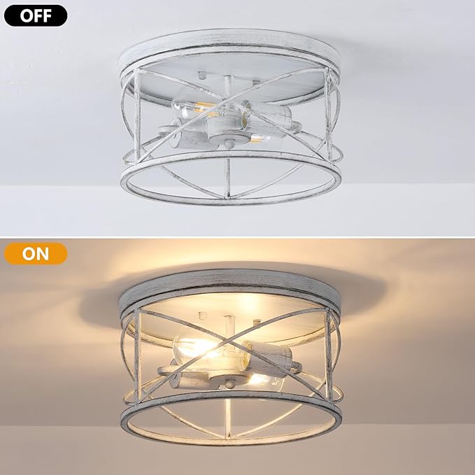 2-Light Flush Mount Distressed White Ceiling Light Fixture, Farmhouse Vintage Industrial Metal Cage, Dimmable for Hallway Kitchen Bedroom Living Room Laundry Utility Room Bathroom Entryway