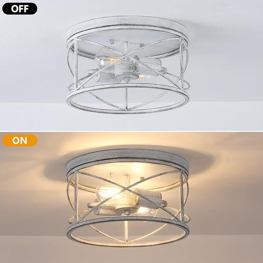 2-Light Flush Mount Distressed White Ceiling Light Fixture, Farmhouse Vintage Industrial Metal Cage, Dimmable for Hallway Kitchen Bedroom Living Room Laundry Utility Room Bathroom Entryway