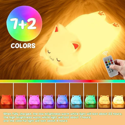 Tremdwoto Cat Night Light for Kids,Cute 7 Colors Baby Girl Squishy Night Lights Lamp with Timer Kitty Light Dimmable Nursery Lamp USB Charging Bedroom Deco Nightlight r，Gifts for Boys and Girls