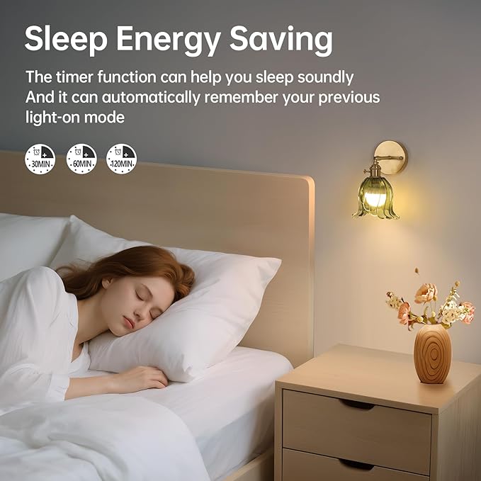 Shenmoyl Vintage Battery Operated Wall Sconces Set of Two, Rechargeable Battery Powered Wall Sconces with Remote Control, Wireless Dimmable LED Light for Bedside Bathroom Living Room (Green Lily)