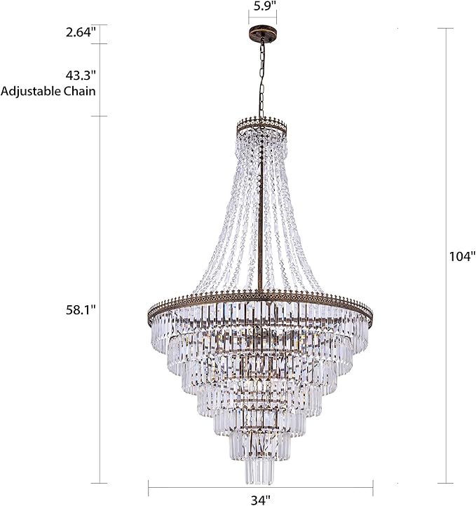 TOCHIC French Empire Crystal Chandelier Modern Farmhouse Chandelier Ceiling Light for Foyer Entryway High Ceiling, Vintage Antique Bronze Chandelier Light Fixture for Dining Living Room 34" W x 58" H