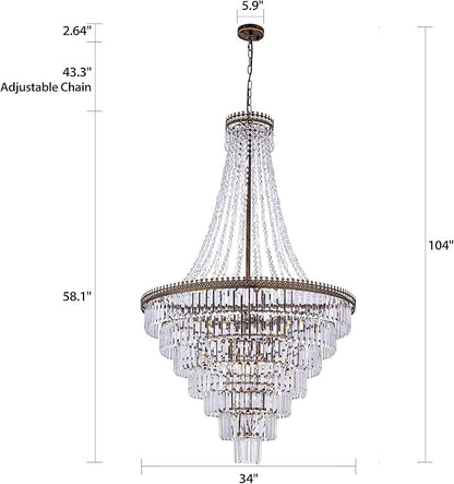 TOCHIC French Empire Crystal Chandelier Modern Farmhouse Chandelier Ceiling Light for Foyer Entryway High Ceiling, Vintage Antique Bronze Chandelier Light Fixture for Dining Living Room 34" W x 58" H