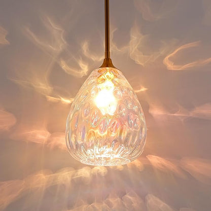 Stained Hammered Glass Pendant Light with Brass Gold Accent, Adjustable Hanging Lamp for Kitchen, Dining Room, and Living Room