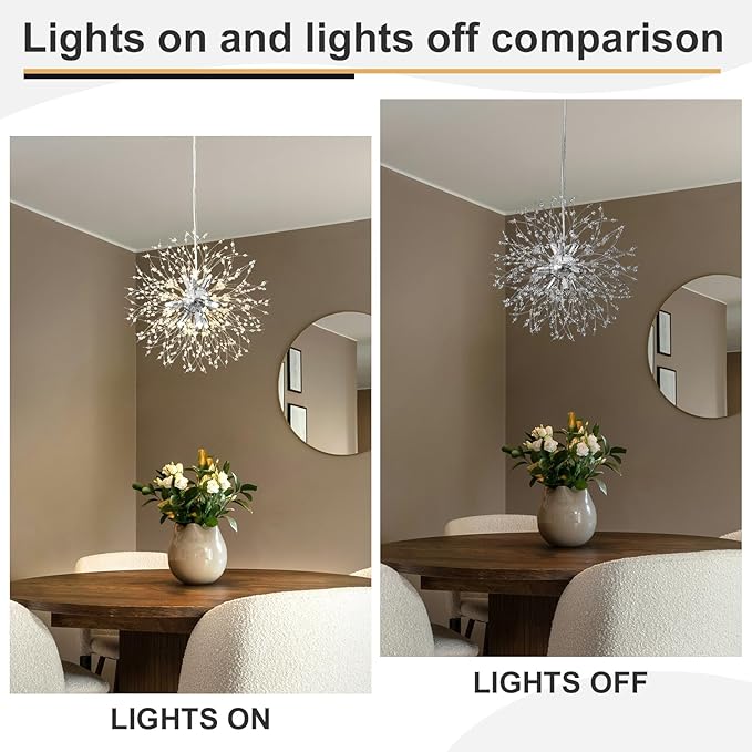 Modern Dandelion Firework Chandelier, Chrome Bathroom Chandelier, Crystal Hanging Pendant Lighting Fixture for Dining Room, Bedroom, Entryway, Foyer, 9-Light