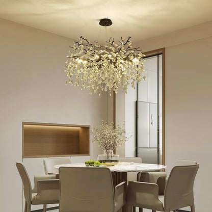 Modern Crystal Tree Branch Chandelier, Black Round Art Deco Pendant Light Raindrop Lighting Fixture for Dining Room Bedroom Foyer 10 Lights D30''