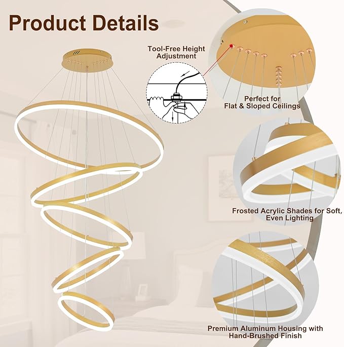 5 Rings Modern LED Chandelier Gold Large High Ceiling Chandeliers with Remote Control Contemporary Pendant Light Dimmable for Staircase Entryway Living Room Foyer Villa(3000K-6500K D31.5)
