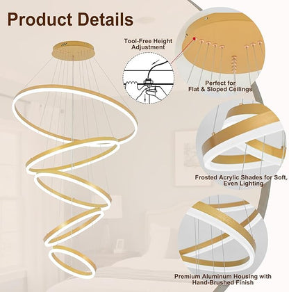 5 Rings Modern LED Chandelier Gold Large High Ceiling Chandeliers with Remote Control Contemporary Pendant Light Dimmable for Staircase Entryway Living Room Foyer Villa(3000K-6500K D31.5)