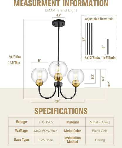 Emak 3-Light Black and Gold Dining Room Chandeliers, Modern Pendant Lights with Globe Glass Shade, Farmhouse 20 Inch Chandelier for Living Room, Entryway, Bathroom, Bedroom, Kitchen, CH114-BKBGD-CG-3