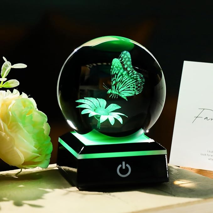 Arikyrist 3D Crystal Ball Butterfly Flower Figurine with LED Base, Laser Butterfly Gifts for Women Men, Glass Butterfly Statue Ball Night Light for Christmas Birthday Home Decor (80mm)