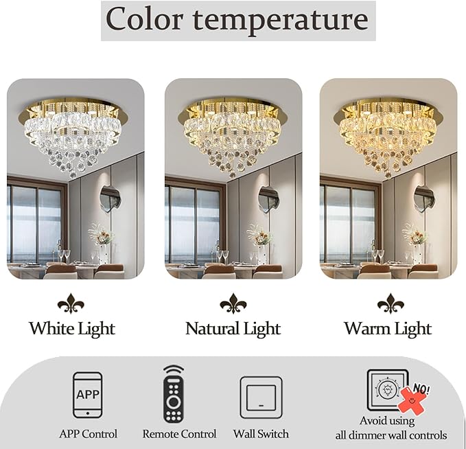 Flashing God W24inches Modern Gold Chandeliers Flush Mount Ceiling Chandeliers for High Ceiling Small Hanging Chandelier Light Fixture Bedroom Dining Room Living Room LED Dimming 2700k 4500k 6000k