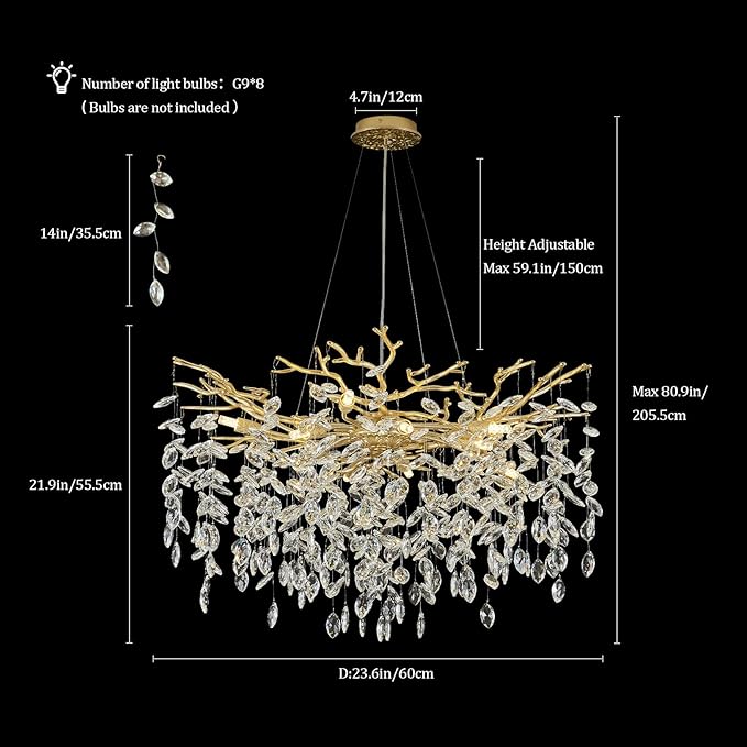 Crystal Chandeliers,23.6" Gold Modern Round Crystal Chandeliers for Dining Room Industrial Farmhouse Raindrop Chandelier for Kitchen Island, Living Room, Bedroom, Entryway (8-Light)