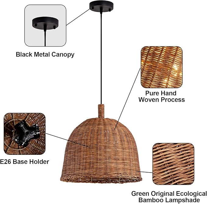 Rattan Pendant Light 13.8" Hand Weaving Wicker Dining Room Light 3-Light Boho Bracket Hanging Chandelier Fixture for Living Room Bedroom Kitchen Island Entry Hallway Farmhouse
