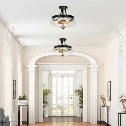 classy leaves Semi Flush Mount Ceiling Light, Black Gold Close to Ceiling Light Fixture 3 Light Modern Farmhouse Ceiling Light with Seeded Glass for Kitchen Bedroom Hallway Entryway