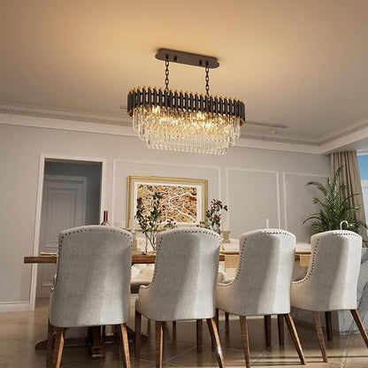 31.5" 8-Light Modern Black Gold K9 Crystal Chandelier, Luxury Rectangular Raindrop Pendant Light with Adjustable Chain, Hanging Chandeliers for Dining Room, Kitchen Island, Living Room