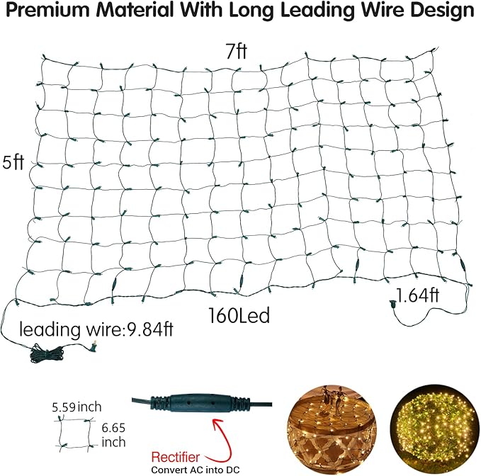 Dirnun Led Christmas Net Lights Outdoor Christmas Lights WarmWhite 160LED 5ftx7ft, Waterproof Outdoor Indoor Fairy Mesh Net Light for Xmas Party, Yard, Patio, Trees, Shrubs, Bushes Decorations