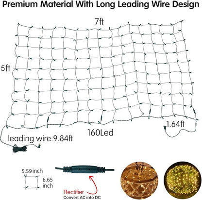 Dirnun Led Christmas Net Lights Outdoor Christmas Lights WarmWhite 160LED 5ftx7ft, Waterproof Outdoor Indoor Fairy Mesh Net Light for Xmas Party, Yard, Patio, Trees, Shrubs, Bushes Decorations