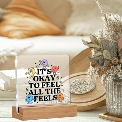Therapy Office Decor, Mental Health Gifts for Therapist School Counselor Psychology, Cute Counseling Students Classroom Feel All the Feel Acrylic Plaque Office Desk Decor