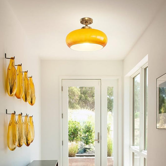 Retro Orange Glass Flush Mount Ceiling Light Fixture, 15.74 Inch Industrial Close to Ceiling Lamp for Bedroom Living Room Kitchen Hallway, E26 Base, Easy Installation