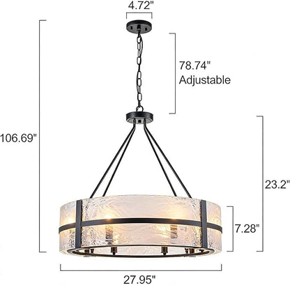 28" Glass Chandelier for Dining Room Large 8-Light Modern Black Drum Chandelier Light Fixture Over Table with Cloudy Glass Shades Hanging Pendant Light for High Ceiling Living Room Foyer