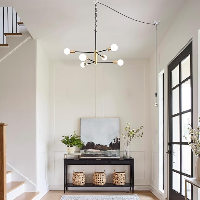 Plug in Chandelier Lighting with Long Cord, 6 Lights Modern Hanging Lights with Plug in Cord 15.09ft&On/Off Switch, Hanging Lamp Plug in Pendant Light Fixture for Dining Room Bedroom Kitchen