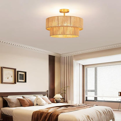 18" Boho Semi Flush Mount Ceiling Light Gold Rattan Ceiling Light Farmhouse Ceiling Lamp with Natural Hemp Rope Lampshade for Dining Room Living Room Bedroom Kitchen
