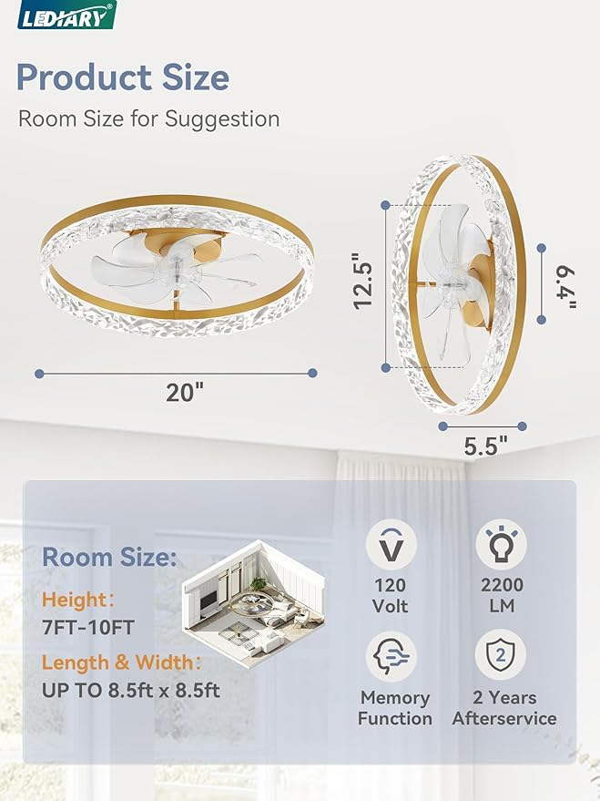 LEDIARY 20" Modern Ceiling Fans with Lights and Remote, Dimmable Low Profile Ceiling Fan, Flush Mount Fan, Stepless Color Temperature Change and 6 Speeds - Gold