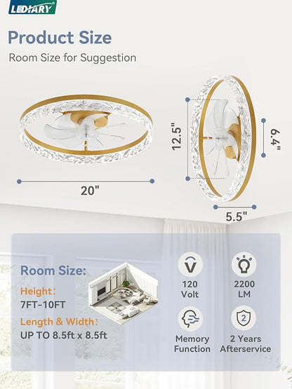 LEDIARY 20" Modern Ceiling Fans with Lights and Remote, Dimmable Low Profile Ceiling Fan, Flush Mount Fan, Stepless Color Temperature Change and 6 Speeds - Gold