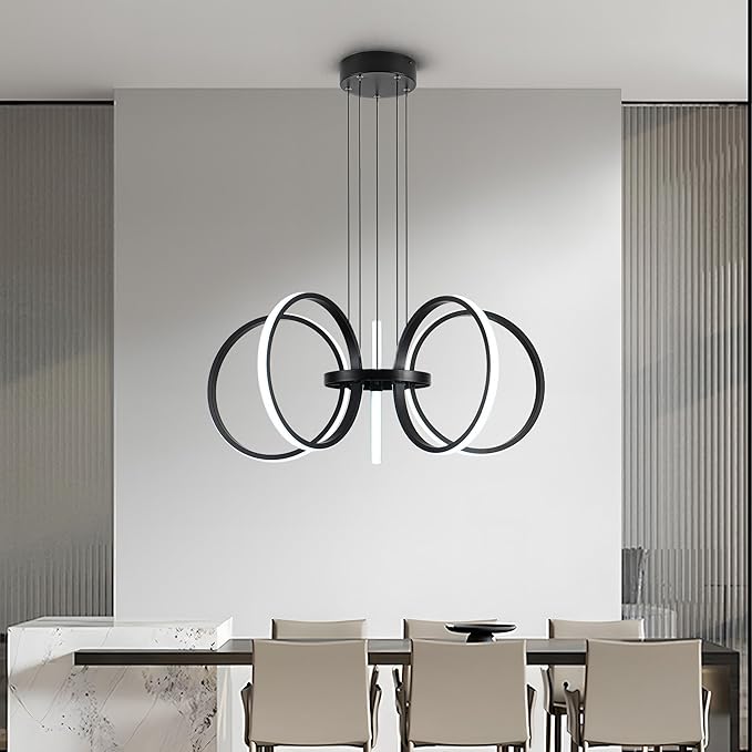MAYNA Modern LED Chandelier, Black Pendant Light with 5 Rings, Adjustable Height Modern Chandeliers for Dining Room Living Room Kitchen Bedroom Entryway,6000k Daylight