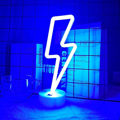 Lightning Bolt Neon Signs Lightning Neon Sign with Base for Bedroom LED Lighting for Room Decor for Teen Girls Gifts for Teenager Boys USB/Battery Cool Gaming Light with Holder(Blue)