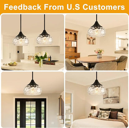 2 Pack Modern Pendant Lights Kitchen Island, Matte Black Pendant Light Fixtures with 8.5" Clear Hammered Glass Shade, Industrial Hanging Pendant Lights Fixture for Kitchen Island Dining Room Entryway