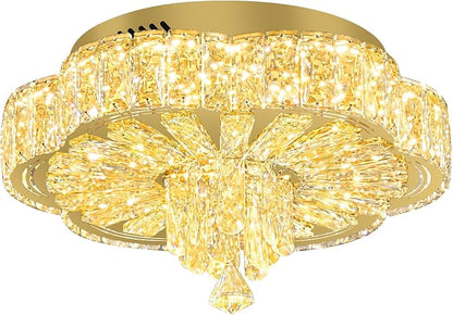 16in Gold Crystal Chandeliers for Living Room Dining Room Crystal Ceiling Light Fixtures Modern LED Flush Mount Light Dimmable 2700k-6000k