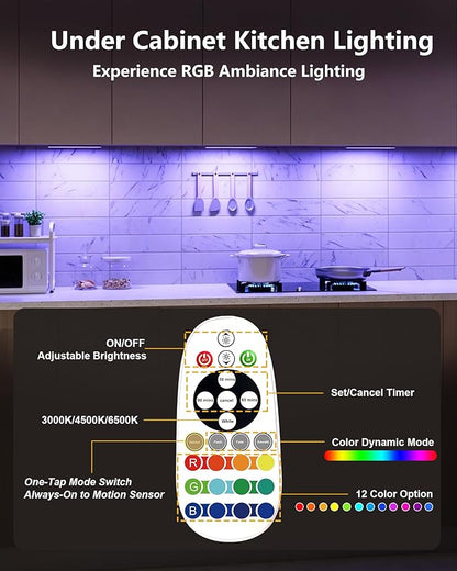 SZOKLED 58-LED Motion Sensor Under Cabinet Lights Wireless, RGB Closet Light Night Lights Remote, 1100mAh Rechargeable Under Cabinet Lighting Counter Lights for Indoor Kitchen, Stair (6 Packs)