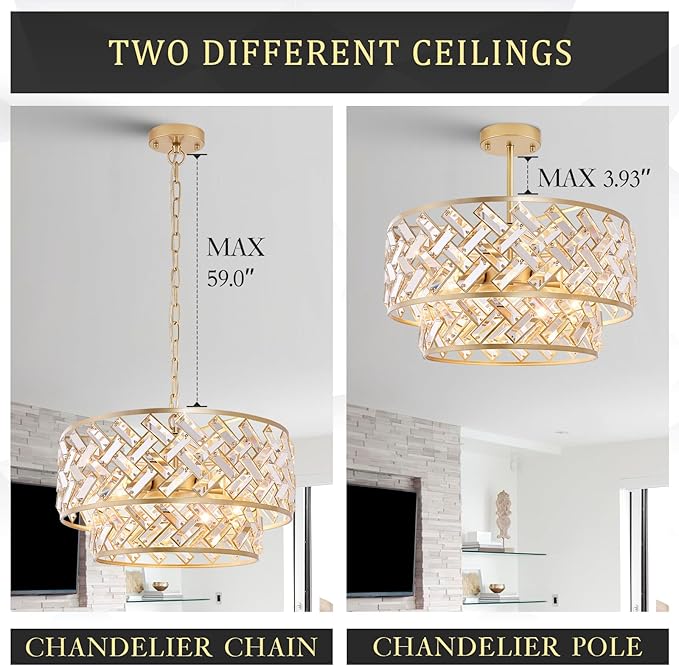 CATINER 20'' Modern Gold Crystal Chandelier Luxury Semi Flush Mount Ceiling Light Fixtures 6-Lights Round Crystal Pendant Chandelier for Dining Room Foyer Living Room Bedroom